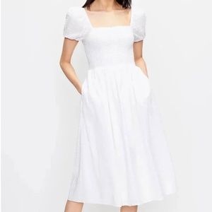 Loft White Puff Sleeve Dress with Pockets New with Tags